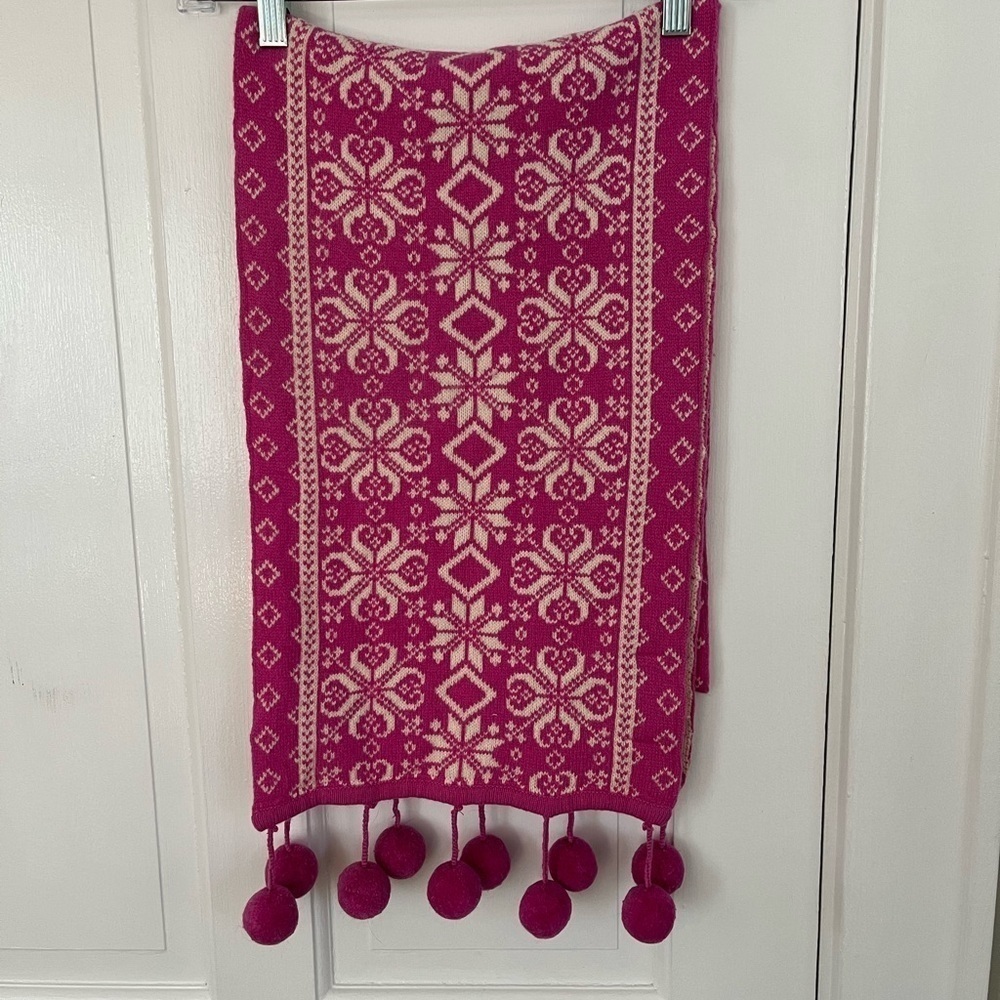 Bloomingdales Cashmere Wool Nordic Alpine Pom Poms Scarf Hot Pink Ivory Soft New